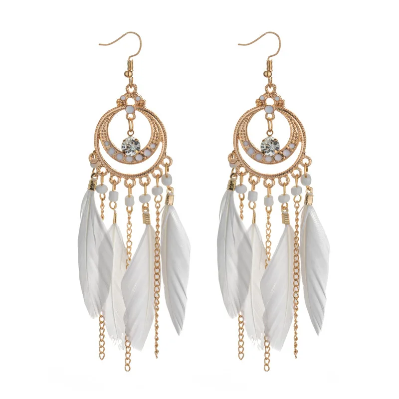 Böhmische lange Feder-Ohrringe für Frauen, klassische ethnische Retro-Temperament-Kette, Blatt-Perlen-Quasten-Ohrringe, Boho-Hochzeitsschmuck – Detail 24