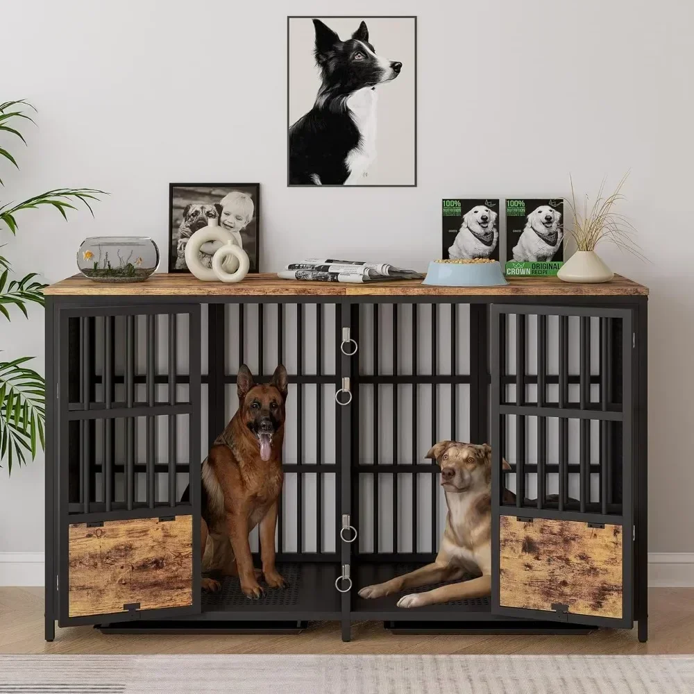 Large Dog Crate Furniture, 63 inch Heavy Duty Double Dog Crate with Divider, Extra Large Dog Kennel Furniture