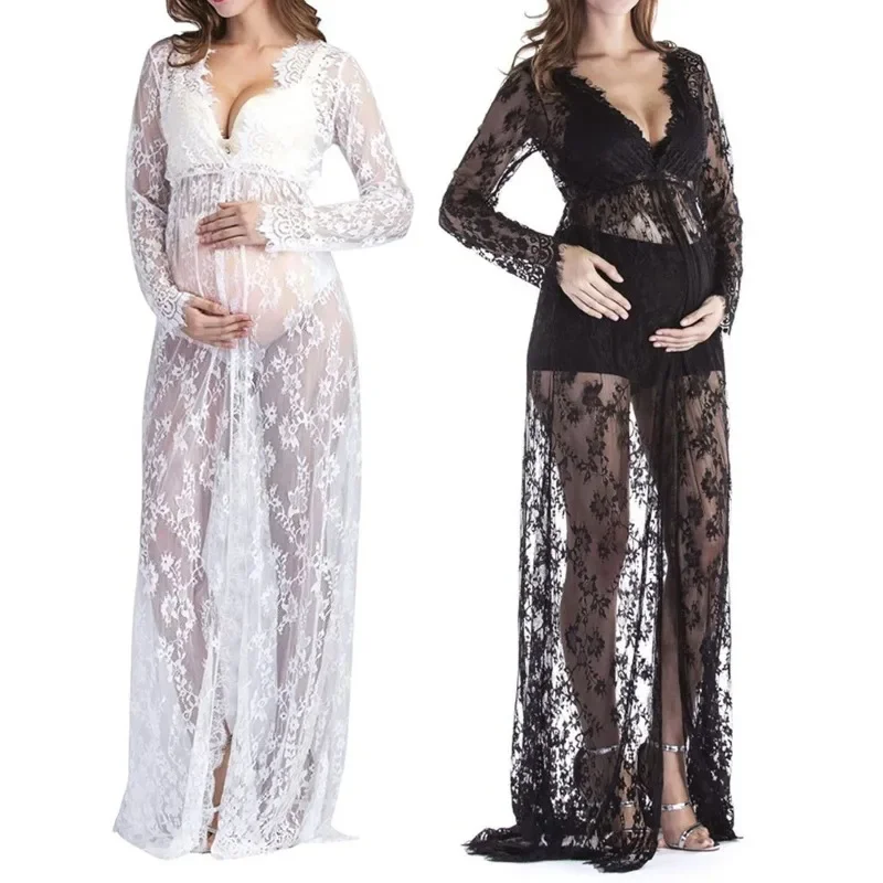 Winter Coat Women Pregnant Women Shooting Photo Lace Long Dress Pregnant Women Front Open Lace Mopping Dress Clothe Woman