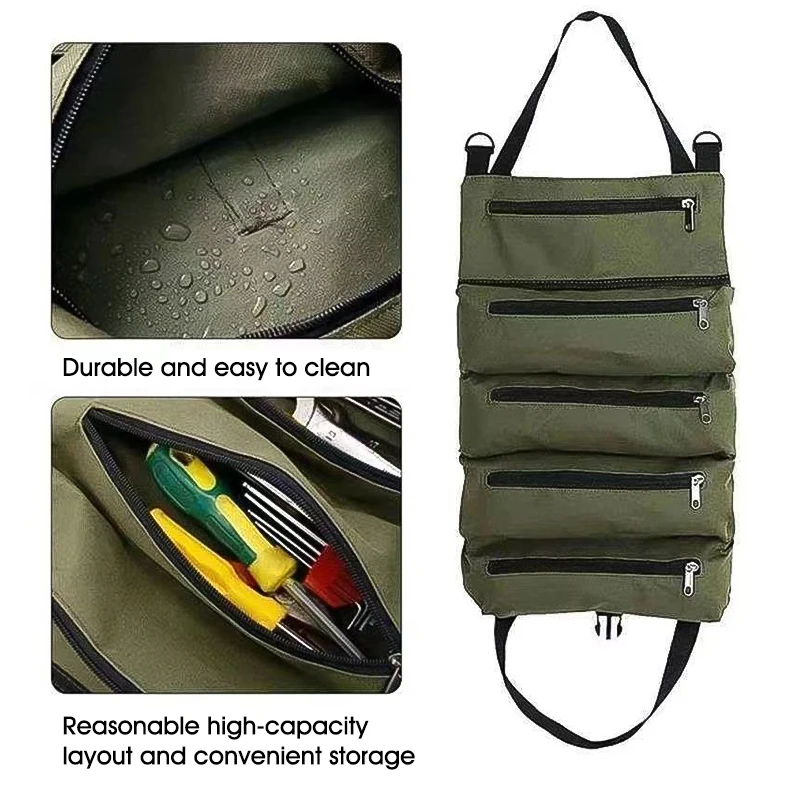 Multi-Purpose Roll Up Tool Bag With 5Interior Pockets Professional Pocket Hardware Tools Rip-Resistant Hang Canvas Organizer Bag
