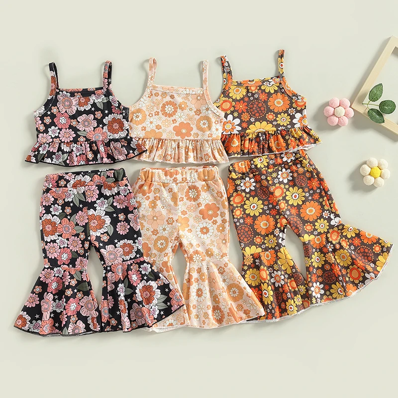 2023-03-03 Lioraitiin 0-4Years Toddler Girls 2Pcs Summer Outfit Sets Sleeveless Backless Sling Vest Floral Flared Pants