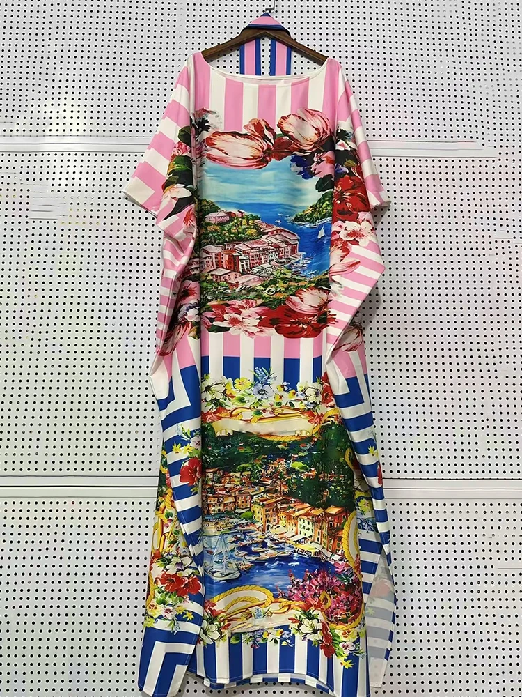 Robe d'été à manches chauve-souris pour femmes, rayée, imprimé paysage, à lacets, taille serrée, avec ourlet ample et jupe fendue, été 2025