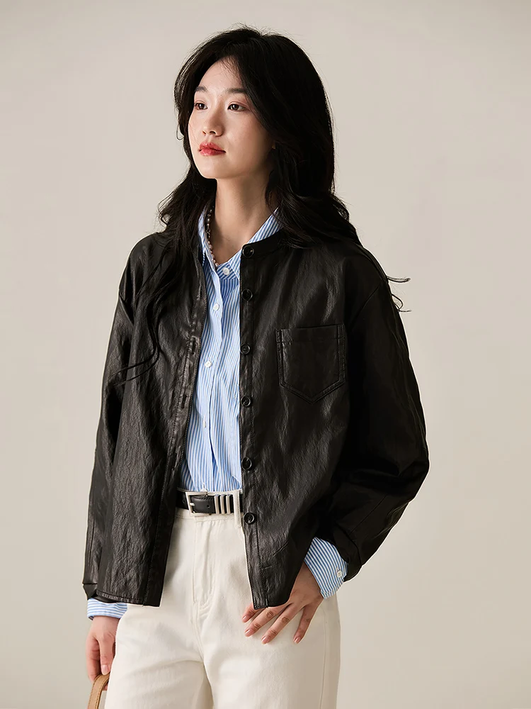 

Ультратонкая куртка из протеиновой кожи для женщин, новая весенняя модель, повседневная верхняя одежда с декоративными элементами, длинный рукав, круглый вырез, топ