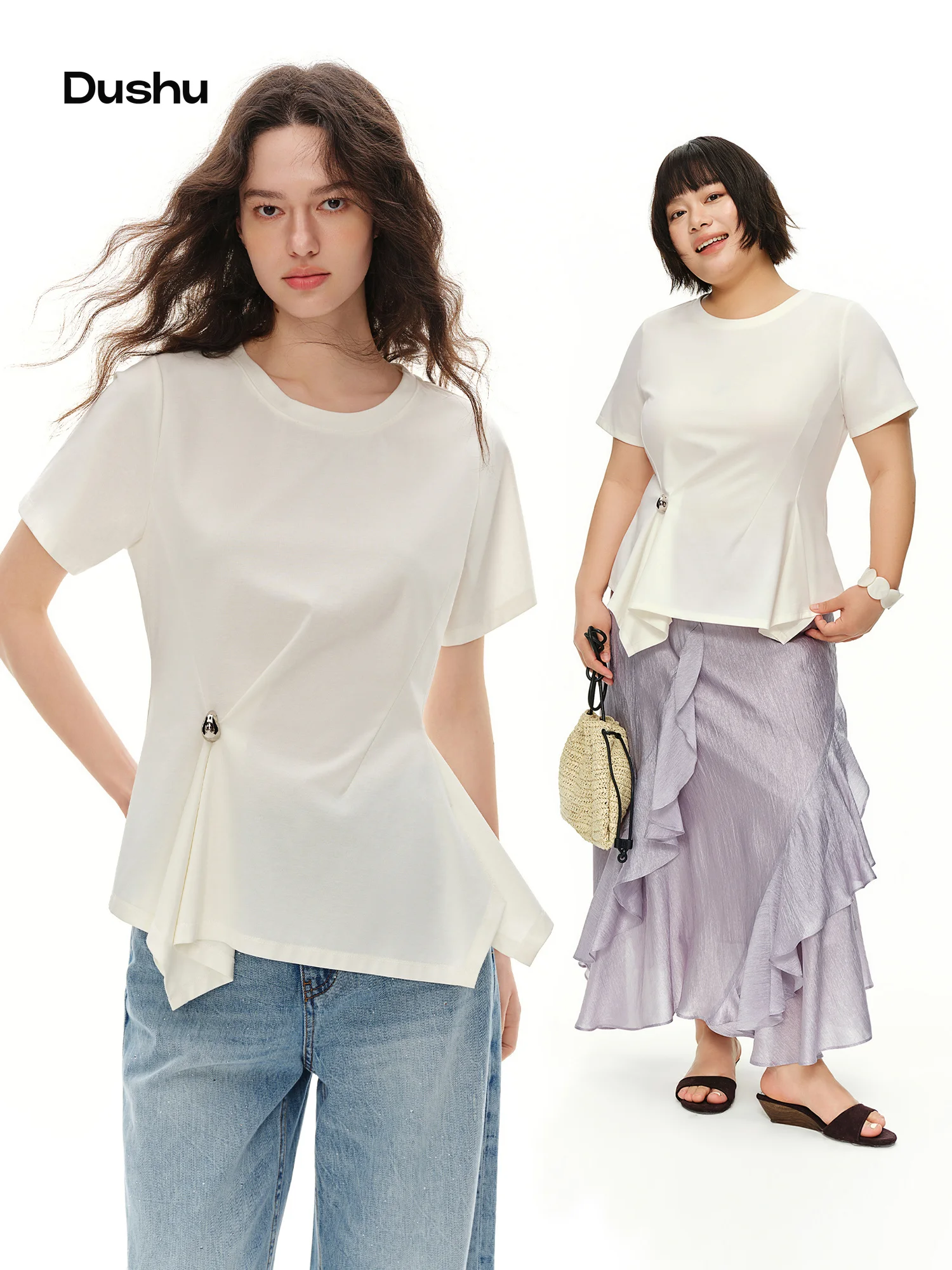 DUSHU 2026 Neu eingetroffen: Sommerliches Damen-T-Shirt mit asymmetrischen Knöpfen und kurzen Ärmeln – Entspanntes, minimalistisches Oberteil für den modernen, ruhigen Luxus-Stil