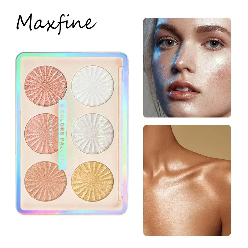 MAXFINE 6-Farben-Multifunktions-Rouge-Puder, wasserfest, langlebig, Highlight-Puder, Bronze, beliebte Farbe, Glitzer-Lidschatten-Platte