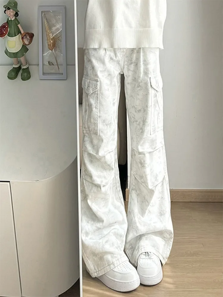 American Retro Dirty White Work Pants Men's Straight Leg Pleated Paratrooper Flared Loose Wide Leg Jeans Casual Fashion