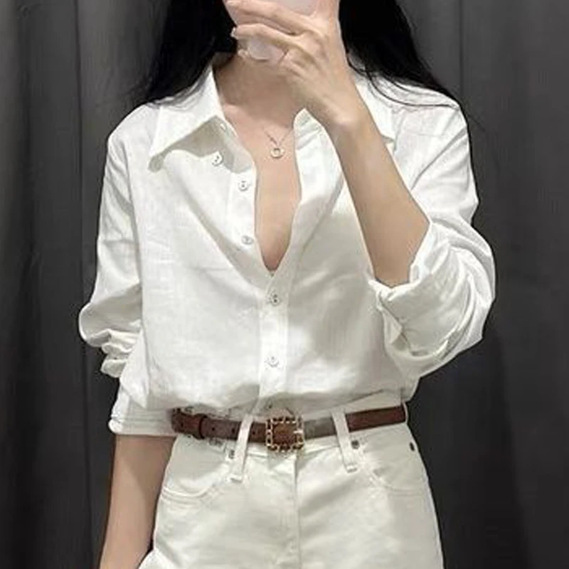 Women\'s Simple Casual Cotton Button Up Shirt Korean Style Turn Down Collar White Blouse Long Sleeve Loose Tops Blusas Para Mujer