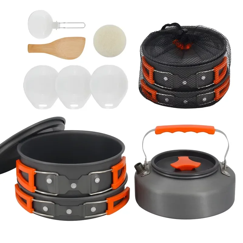 9 Piece Compact Aluminum Camping Cookware Set Non Stick Pots Pans 1-2L Capacity Lightweight Outdoor Hiking Backpacking Gear