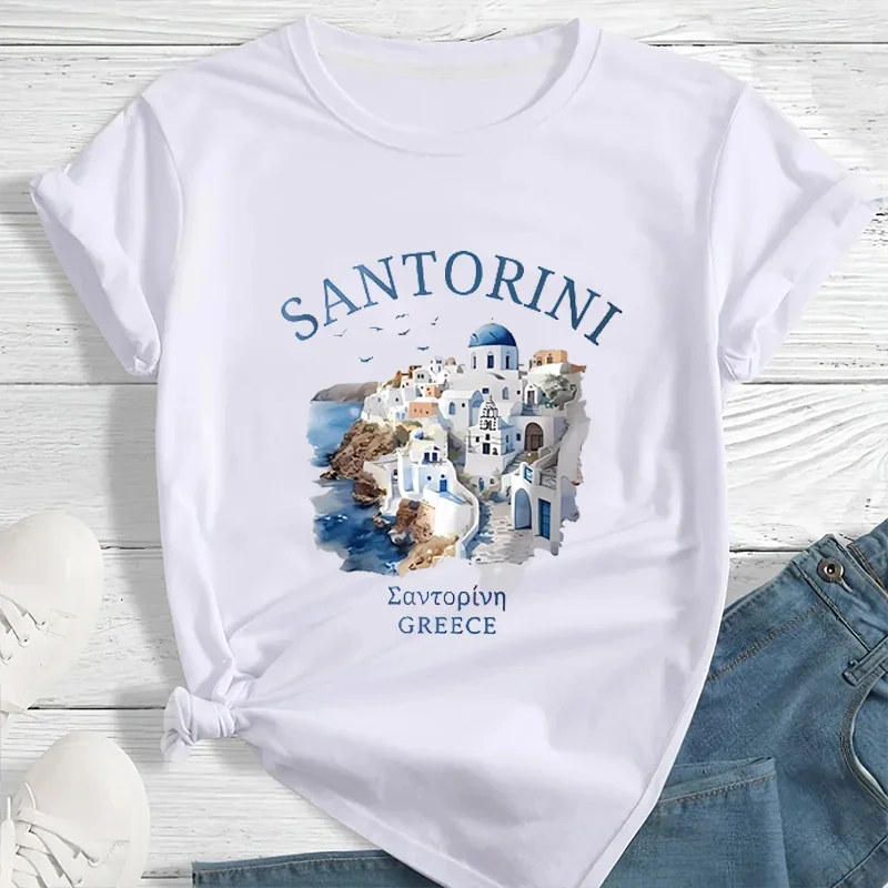 Забавная футболка с ярким Санторини и графическим принтом, футболка с круглым вырезом и короткими рукавами, дышащая повседневная летняя модная одежда Y2k, топ