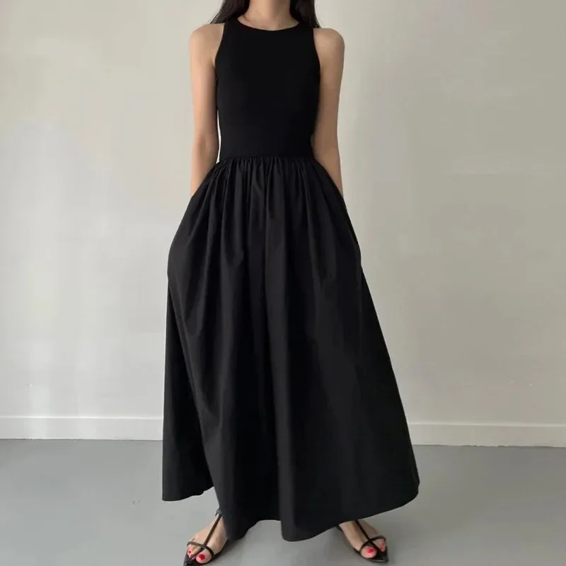 New Summer Simple Elegant Black Long Dresses For Women Round Neck Sleeveless High Waist Temperament Female Fashion Style Dress