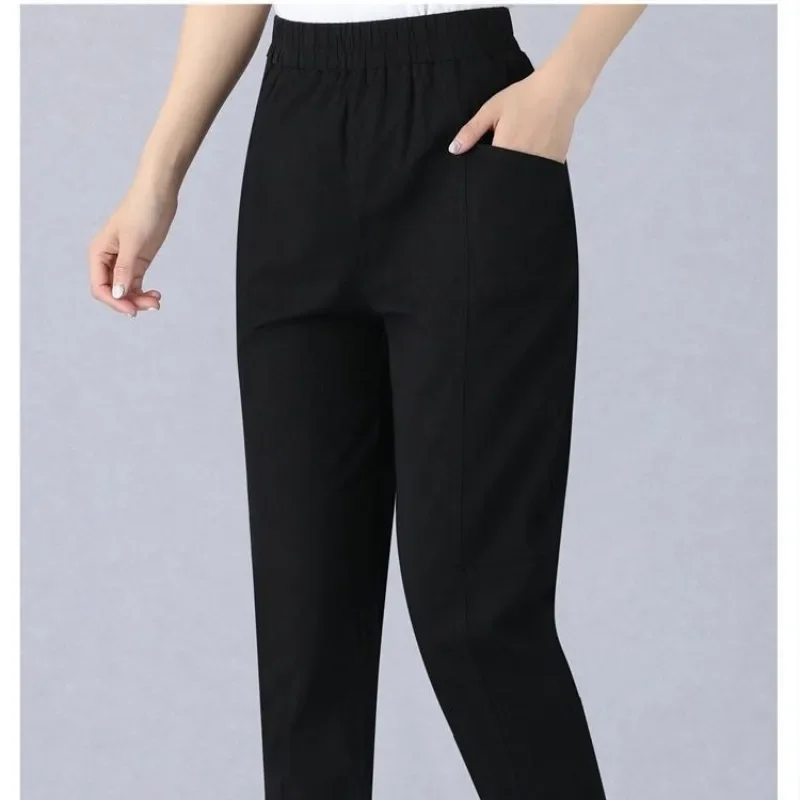 Spring Autumn Women\'s Clothing Solid Color High Waist Pockets Elastic Casual Elegant Trouser Suits Trousers Straight Pants