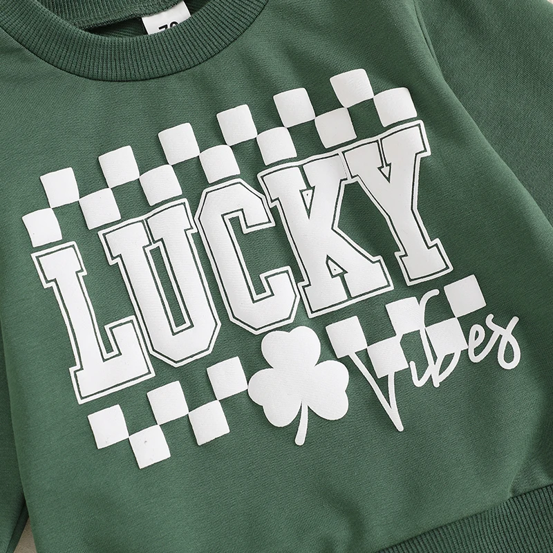 Baby Boys Pants Set Long Sleeve Crew Neck Letters Shamrock Print Sweatshirt with Plaid Sweatpants Infant Clothes