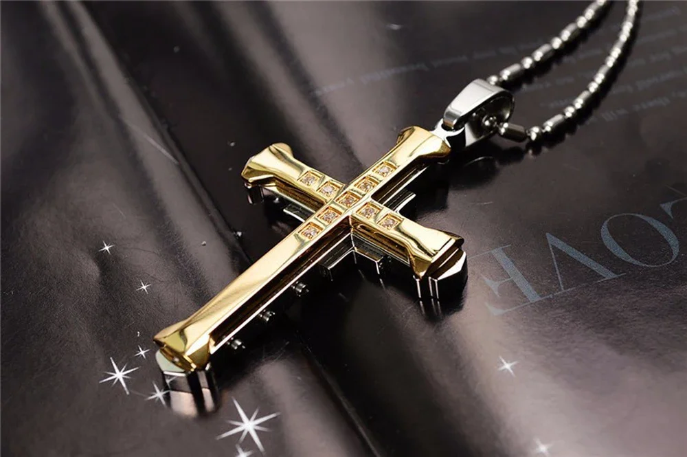 2024 New Male Crystal Jesus Gold/Black/Blue Color Zirconia Cross Pendant Necklace Stainless Steel Jewelry_maomaolike.com