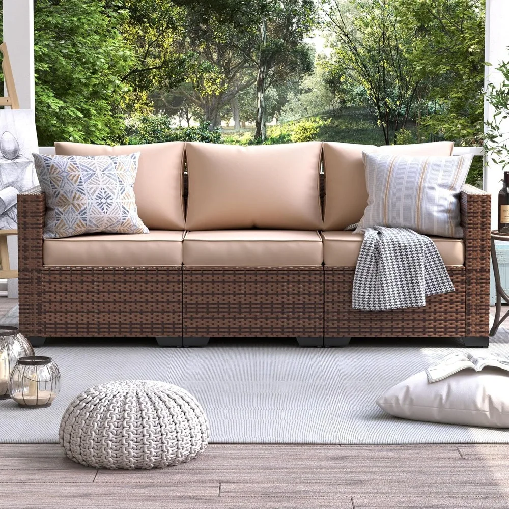 Seat Patio Wicker Sofa, Outdoor Rattan Sectional Couch Furniture Steel Frame w/Furniture Cover Non-Slip Cushion