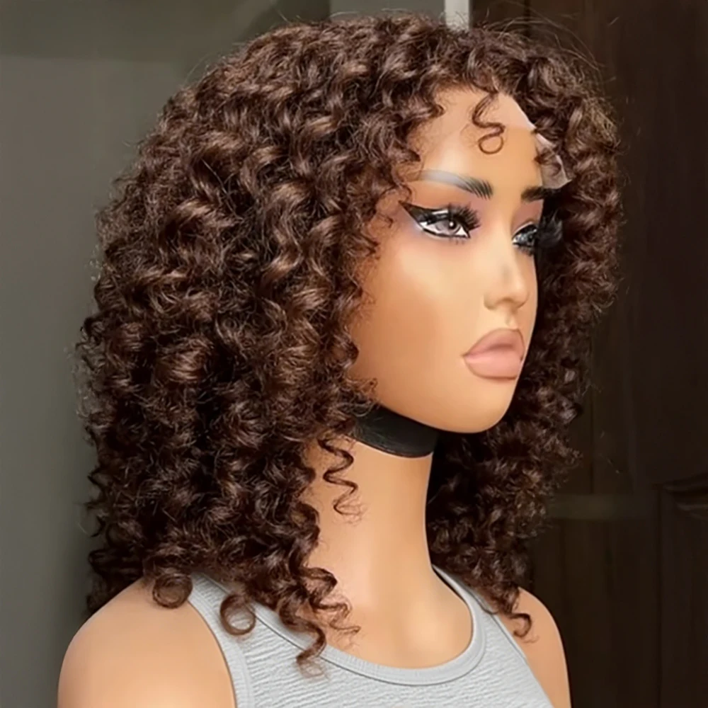 

7x5 Glueless Closure Bob Wigs Jerry Curly Human Hair Water Deep Wave Pre cut Lace Wigs Chocolate Brown13x4 HD Lace Short Wig