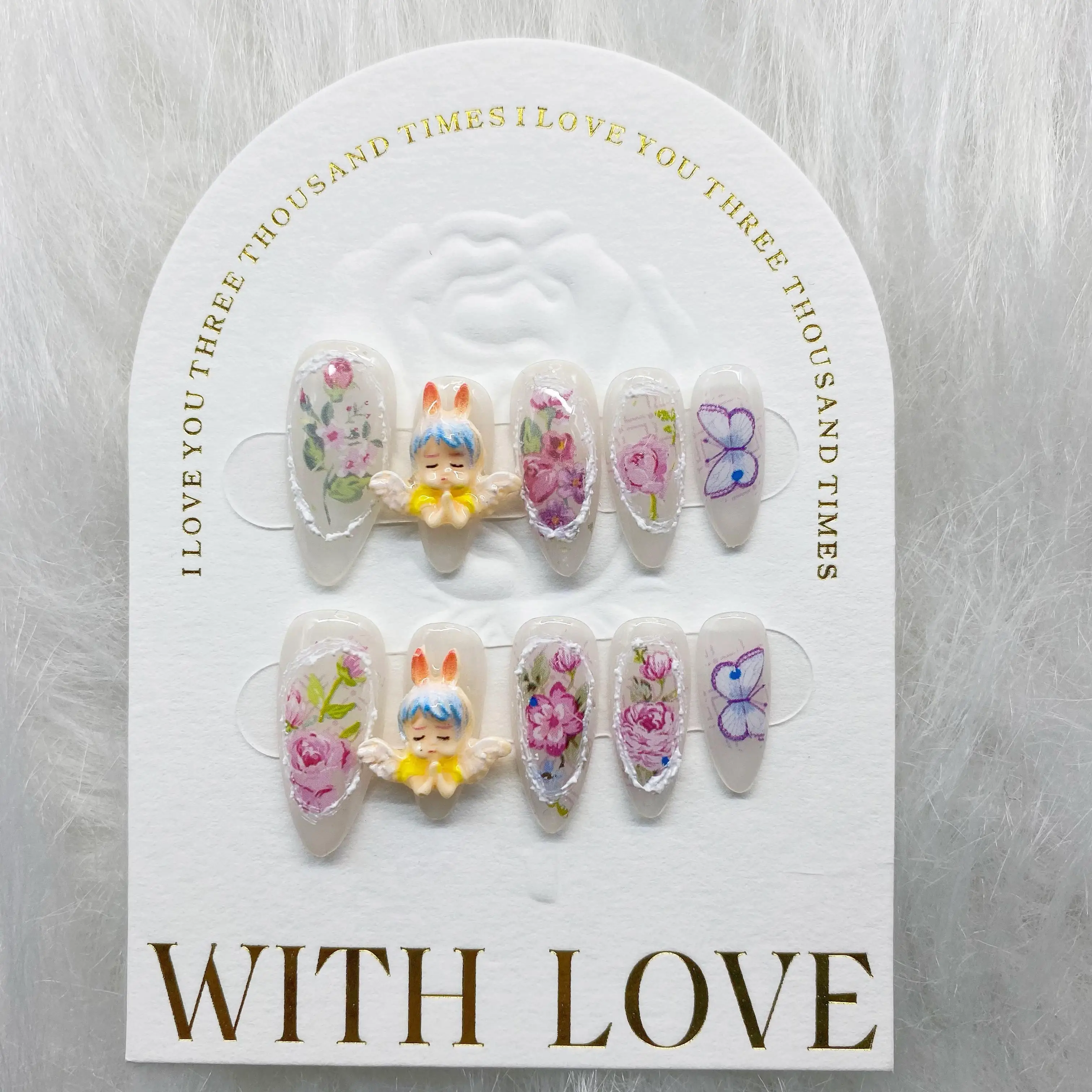 Japanese Almond Cute Angel Celebrity Detachable High-Quality Reusable Elegant White Press On Nails.No.D079