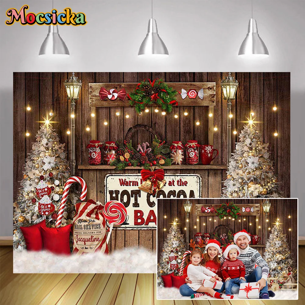 Christmas Hot Cocoa Bar Photography Backdrop Warm Xmas Portrait Photocall Winter Retro Wooden Candy Shop Banner Photo Background