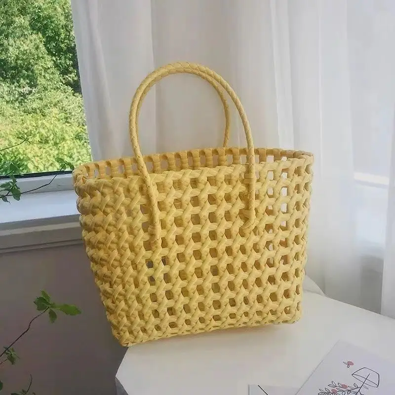 INS Handmade Hollow Woven Bag, Plastic Hand Basket, Small Fresh, Simple Outing, Beach, Picnic, Candy Color Clutch Bag