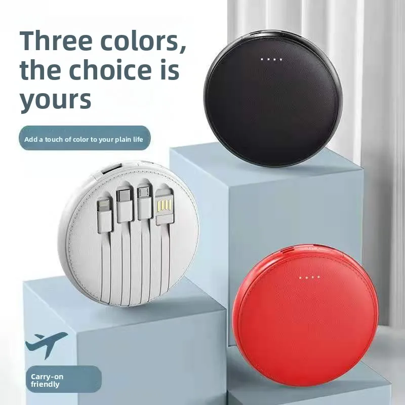 

Четырехпроводной внешний аккумулятор большой емкости 20000 мАч, мини-круглый автономный проводной аккумулятор, поставляется с 4 линиями внешней батареи