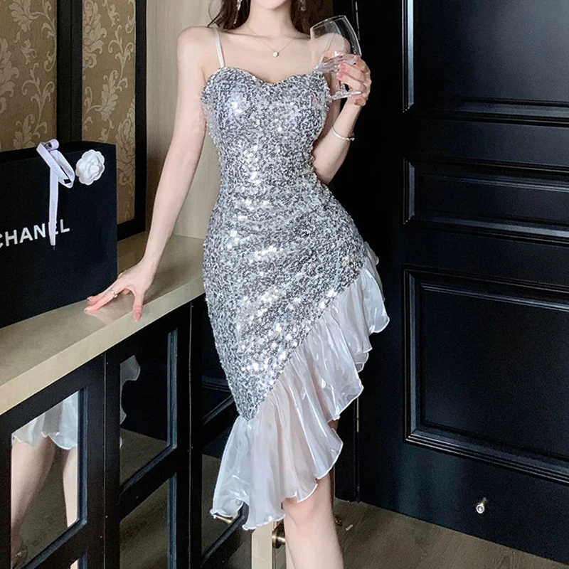 

Chic Sequins Dress Irregular Spaghetti Strap Sundress Sexy Evening Party Ruffles Dress Zip Up Sliver Dress Vestidos Mujer