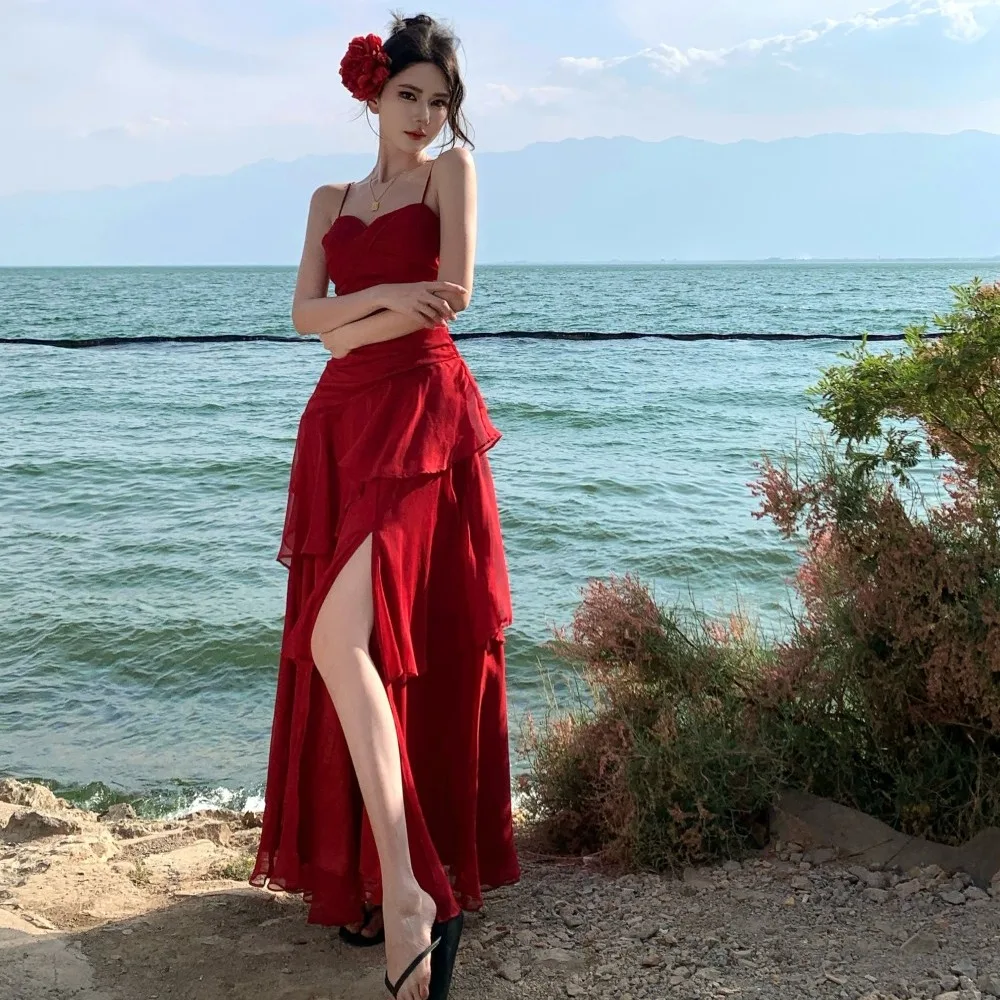 knee length dresses for ladies Sparkle Red Extreme Long Train Chic Criss-Cross Long Sleevess Prom Party Gowns main image 1