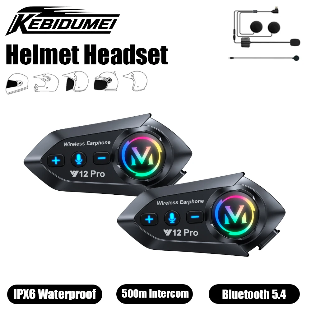 KEBIDUMEI 2in1 Mic Y12 Pro Helmet Headset Motorcycle Intercom Music Player Wireless Hands-free Headphone Motorcycle Accessories