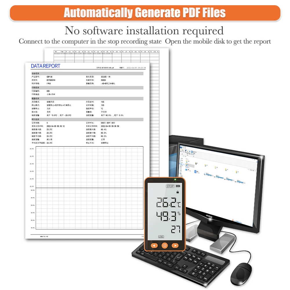 AIKESI GSP-80 Pro Extended Probe Real Time Monitoring Temperature and Humidity Data Logger Recorder With USB PDF Report