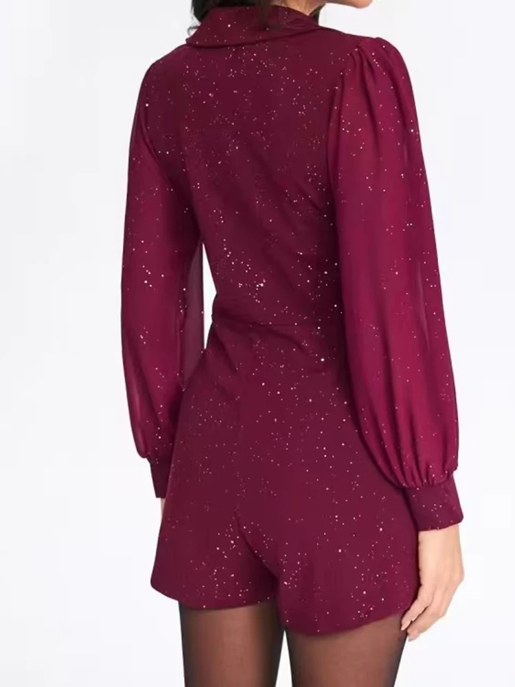 

Elegant High Waist V-neck Commute Short Rompers New Mesh Spliced Polka Dot Print Jumpsuits Vintage Long Sleeve Women's Playsuits