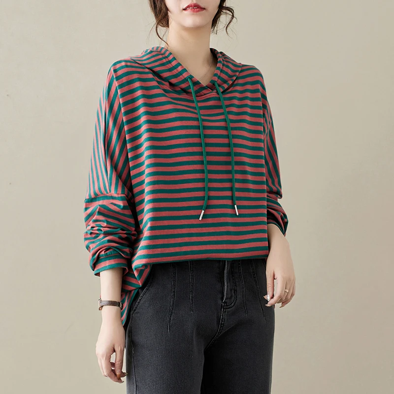 봄 가을 루즈 캐주얼 드로스트링 안티에이징 순면 후드티 여성 티셔츠 예술적 컬러풀 스트라이프 스웨트셔츠
