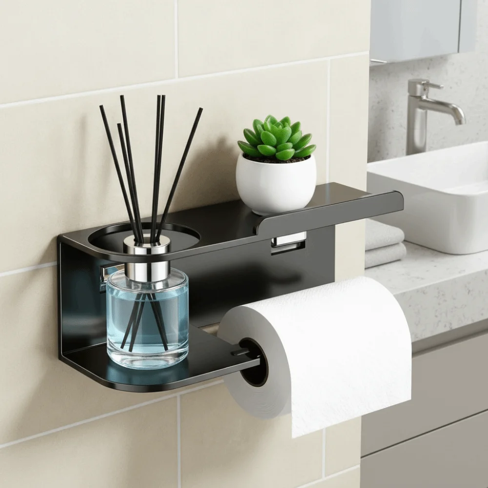

Multi-functional Toilet Paper Holder Space-Saving Punch-Free Installation Adhesive Toilet Paper Holder Carbon Steel Waterproof