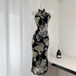 2025 classic new chinese retro sleeveless slimming long slit cheongsam dress women flower printed sexy elegant party qipao w883