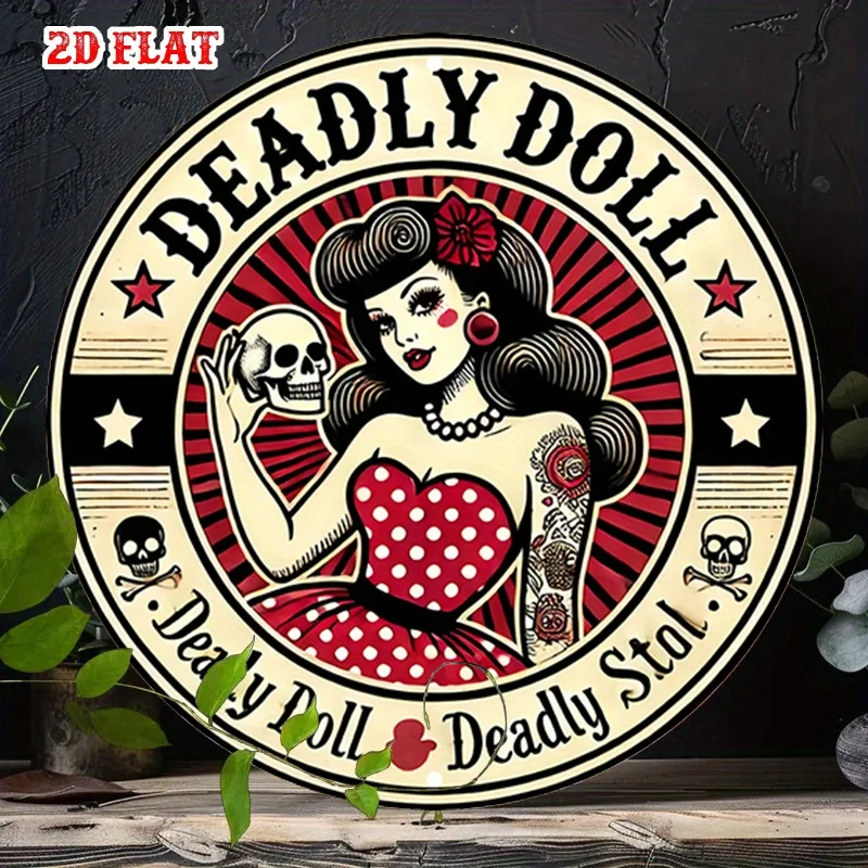 2D Flach, 1 Stück Rockabilly-Stil Rundes Aluminiumschild, 7,87x7,220,98 cm - Vintage Wellen-Totenkopf-Design Metall-Wandkunst, Auffälliges Tattoo-Design