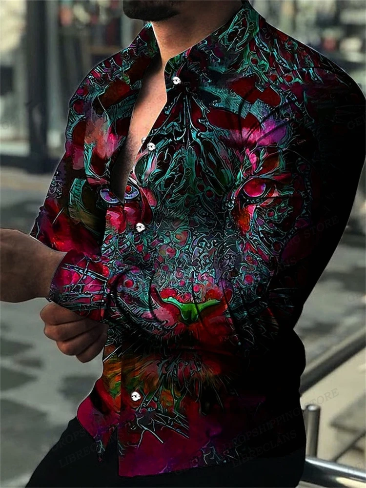 Geometric Shirts Men Fashion Shirt Long Sleeve Hawaiian Shirts Cuba Beach Blouse Men\'s Clothing Three Dimensional Camisas Male