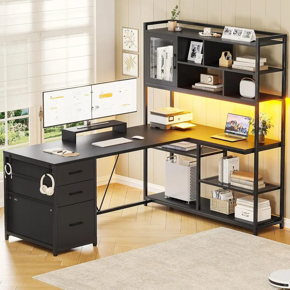 

58 L-Shaped Office Desk with 3 Drawers, Bookshelf, Storage Shelves, LED Lighting for Home Office or Gaming