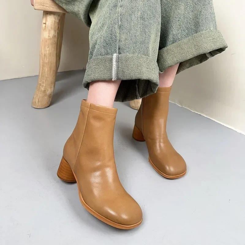 Koznoy Comfy Boots 5cm Platform Cow Genuine Leather Ankle 2023 Women Autumn Ethnic Chunky Heels Ladies Spring Moccasins Shoes