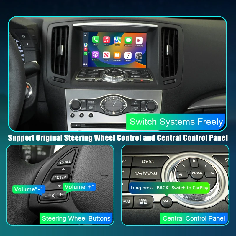 Aggiornamento schermo OEM Wireless CarPlay Android Auto per Infiniti G37 Mirroring Aftermarket CarPlay Retrofit Navigazione multimediale