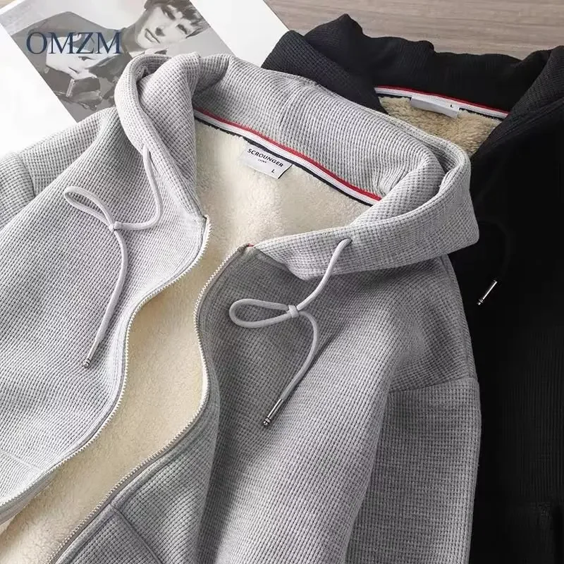 American Style Men's Fleece-lined Woolen Sweatshirt Zipper Hoodie Casual Loose Fit Autumn/winter Trendy Brand