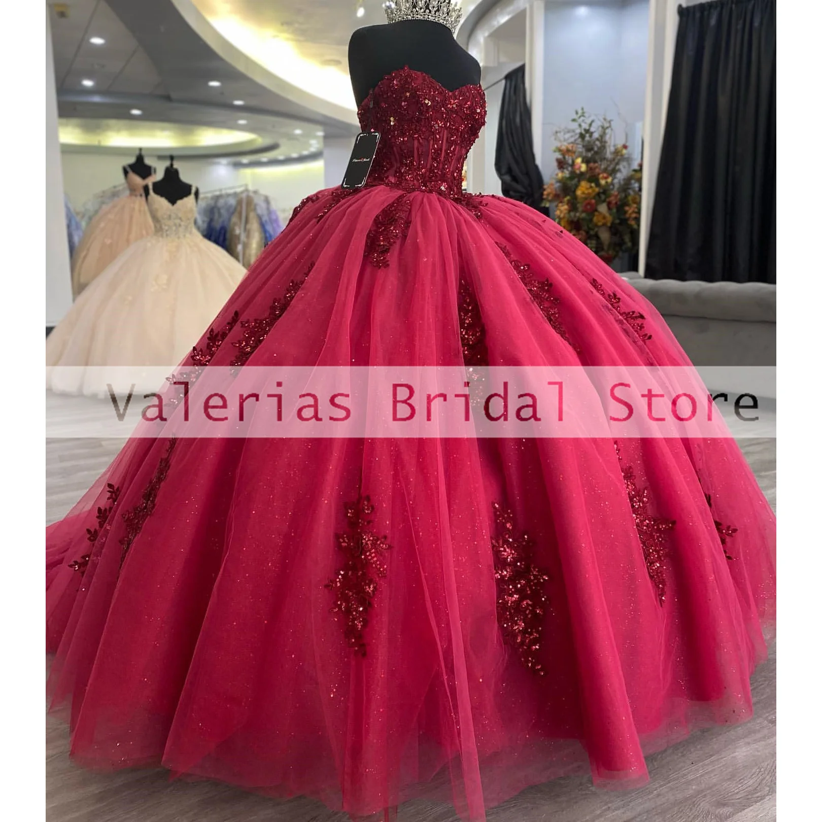 Vestido de quinceañera rojo brillante, Vestidos de baile para niña mexicana, cuentas de lentejuelas, Vestidos de graduación sin tirantes de cumpleaños, 15 Vestidos hechos a medida