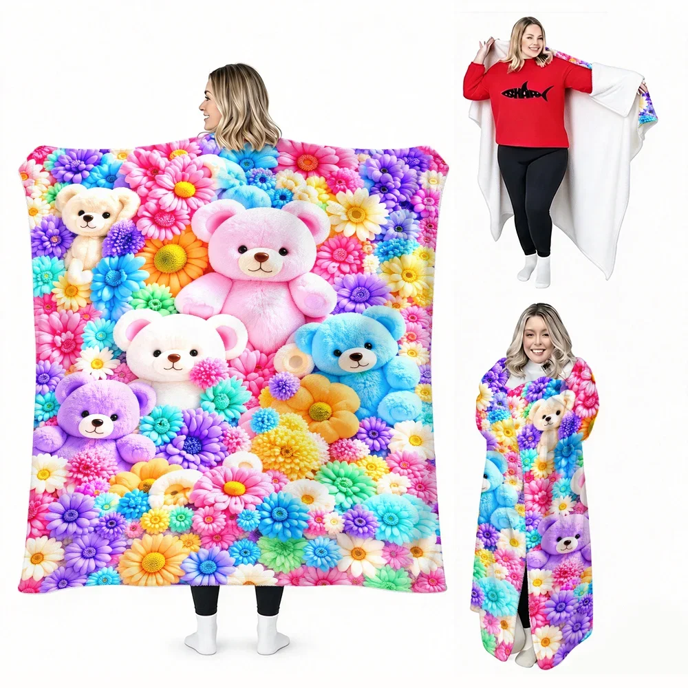 1pc Floral Teddy Bear Print Wearable Blanket-Soft, comfortable. Perfect for cozy breaks, gifts, and everyday comfort.