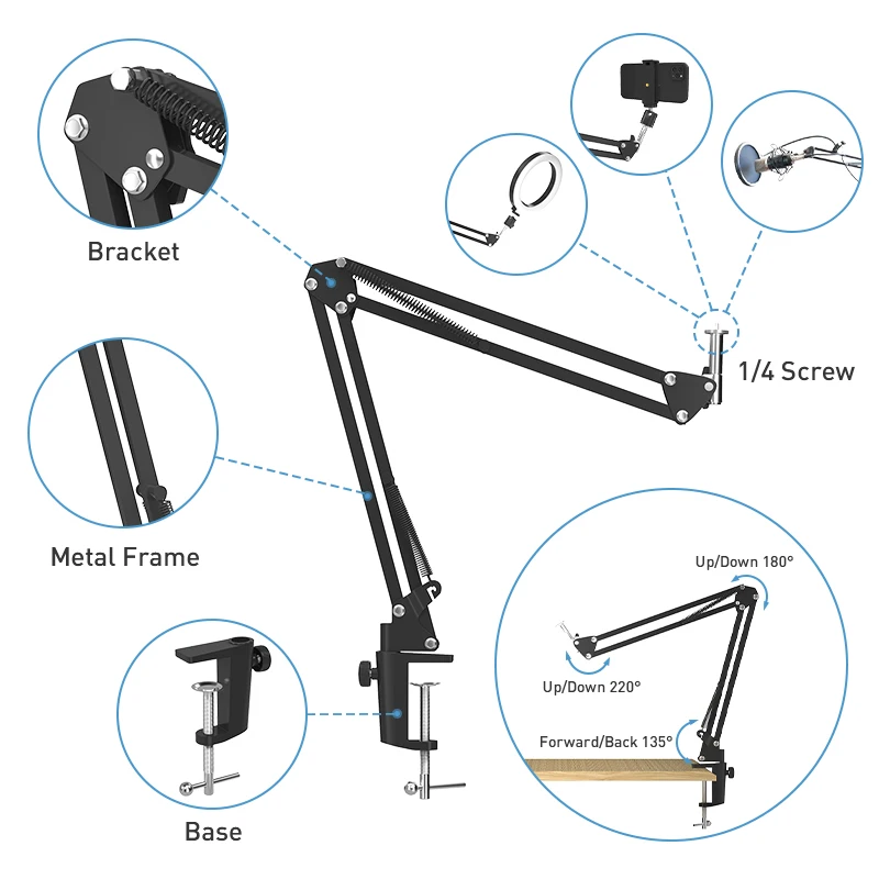 Photography Boom arm stand for ring light Cell Phone Holder Flexible Goose Neck Type Tripod for Photo camera ,lights Mic,video