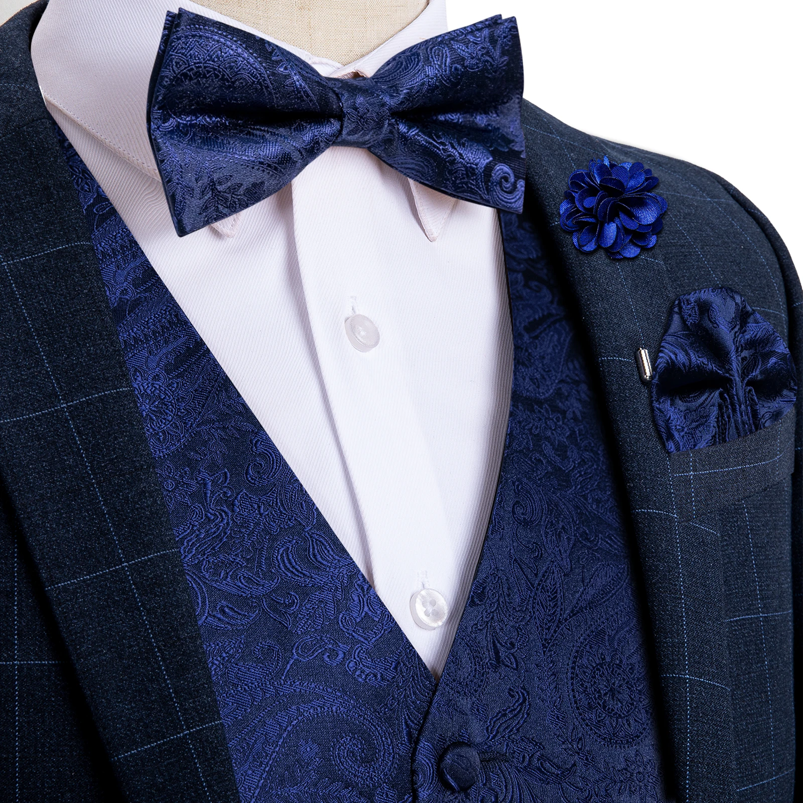 Royal Blue Paisley Silk Men\'s Suit Vest Wedding Party Tuxedo Slim Fit Waistcoat Bow Tie Set Fashion Gilet Homme Men Clothing