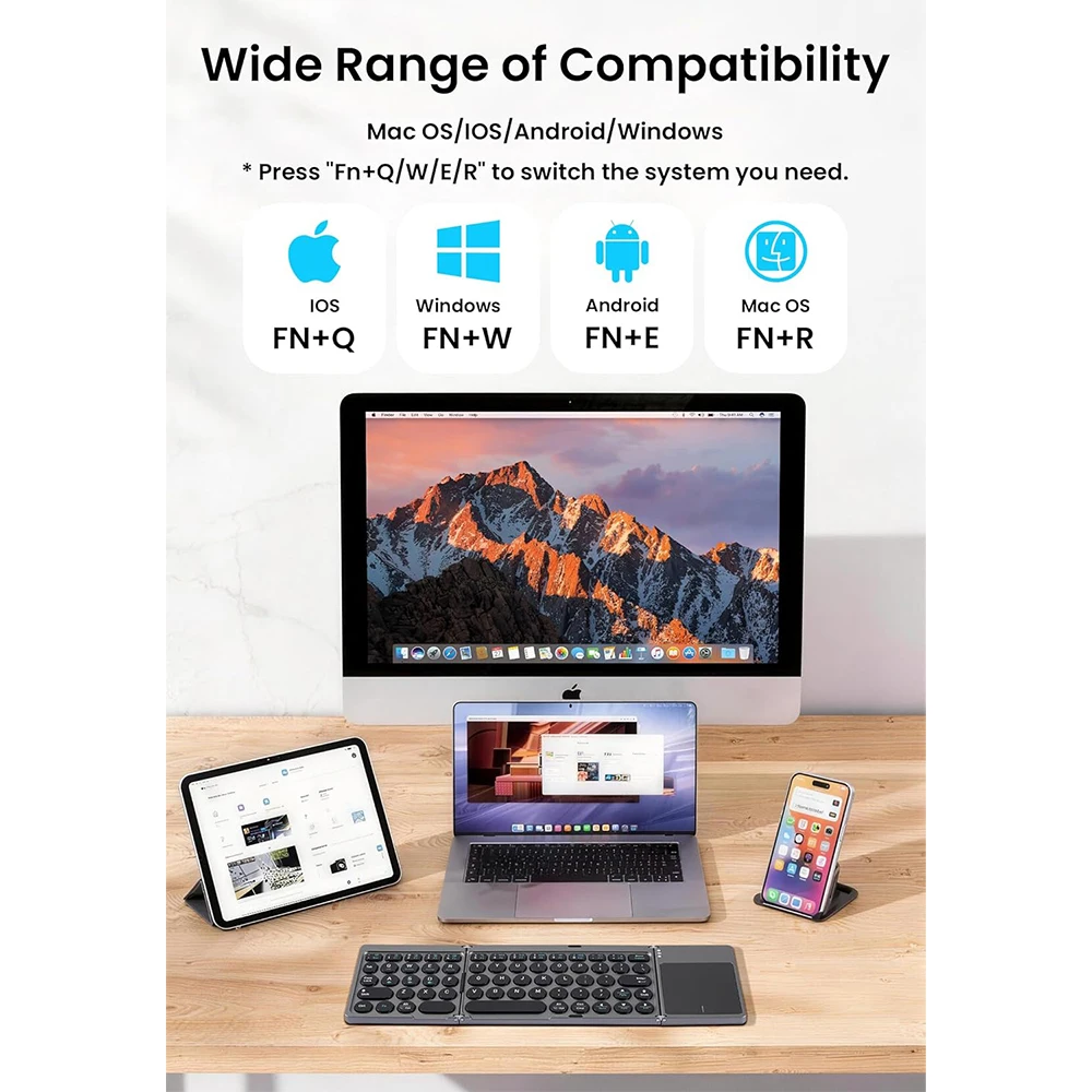 Rechargeable Bluetooth Wireless Touchpad Keyboard with Folding Leather Stand,Portable 64 Key Wireless Keyboard for Window/Mac OS