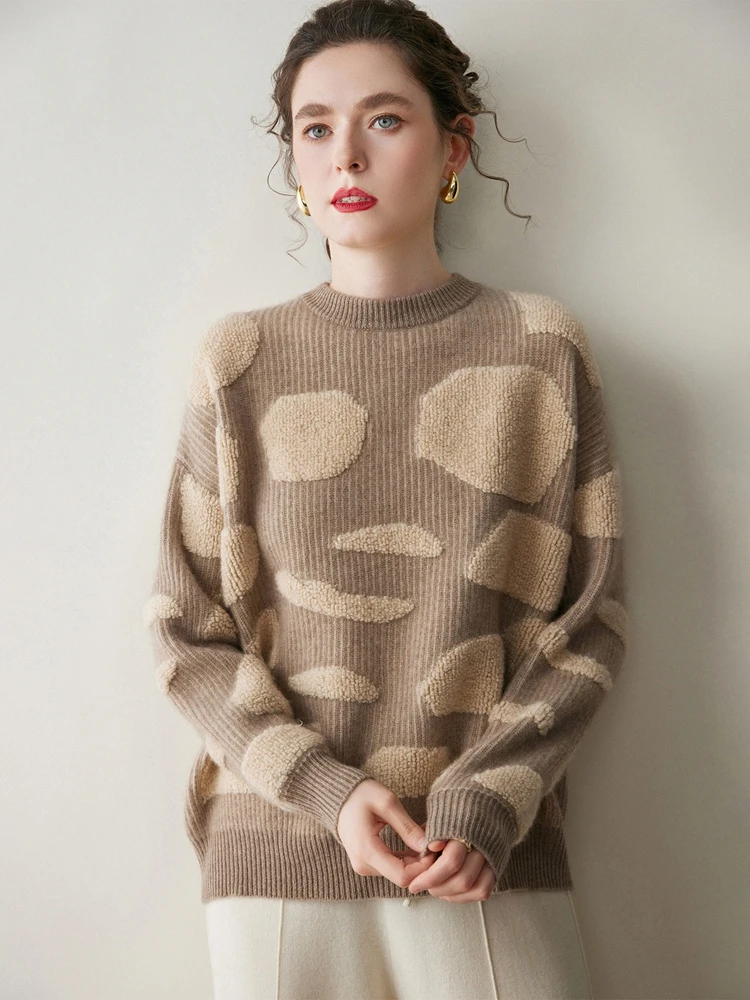 

100% Cashmere Pullover Sweater Autumn Winter clothes woman O-neck Clashing Color Dot Casual Loose Soft Comfort Kint Long Sleeve