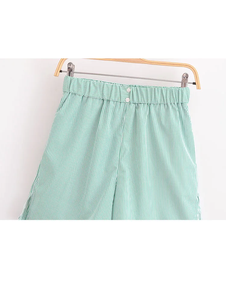 Hh traf Sommer weibliche Anzüge drehen Kragen lange Ärmel einreihige Taschen hemden Streifen elastische Taille Knopf Shorts Mujer