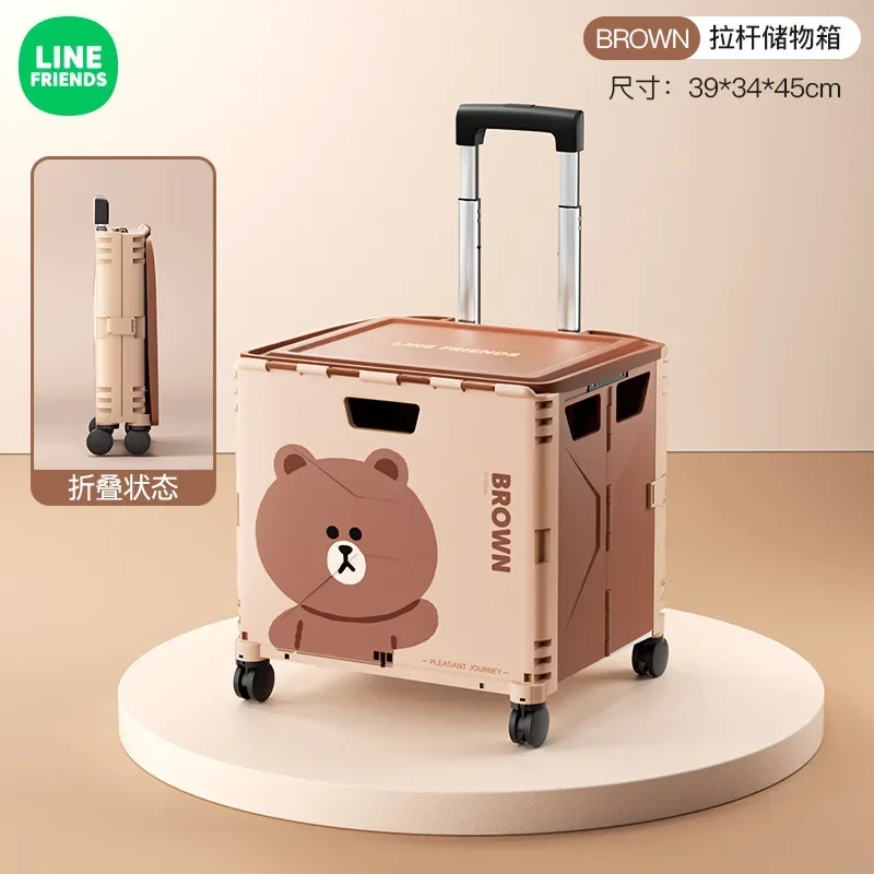 New Cartoon Line Friends BROWN Car Storage Box Anime Kawaii Car Outdoor with Wheels Foldable Storage Large Capacity Trolley Box