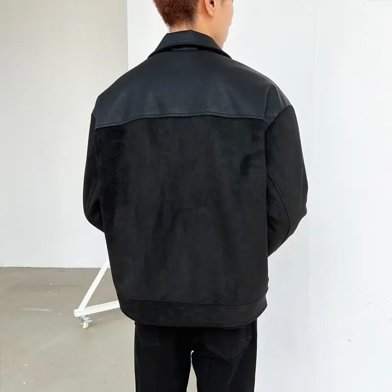 الخريف الشتاء حجم كبير Faionable بولي Leather الجلود المرقعة Jaet الرجال فضفاض عصري بدوره إلى أسفل طوق ملابس العمل معطف Sle #3