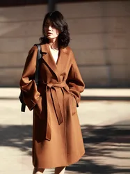 Winter Coat Women Long Water Ripple Cashmere Coat Casual Fashion Loose Camel Wool Coat Black Caramel Tie Coat Green Coat XL