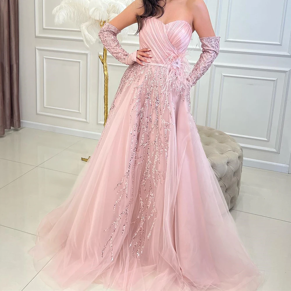 

Customized Exquisite Detachable Sleeves Pleats Feathers Crystal Sequined Evening Dresses Graceful Sweetheart Organza Party Gowns