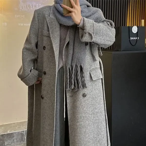 

Front shoulder design simple temperament Korean suit barge collar double-sided wool coat women's loose new woolen coat