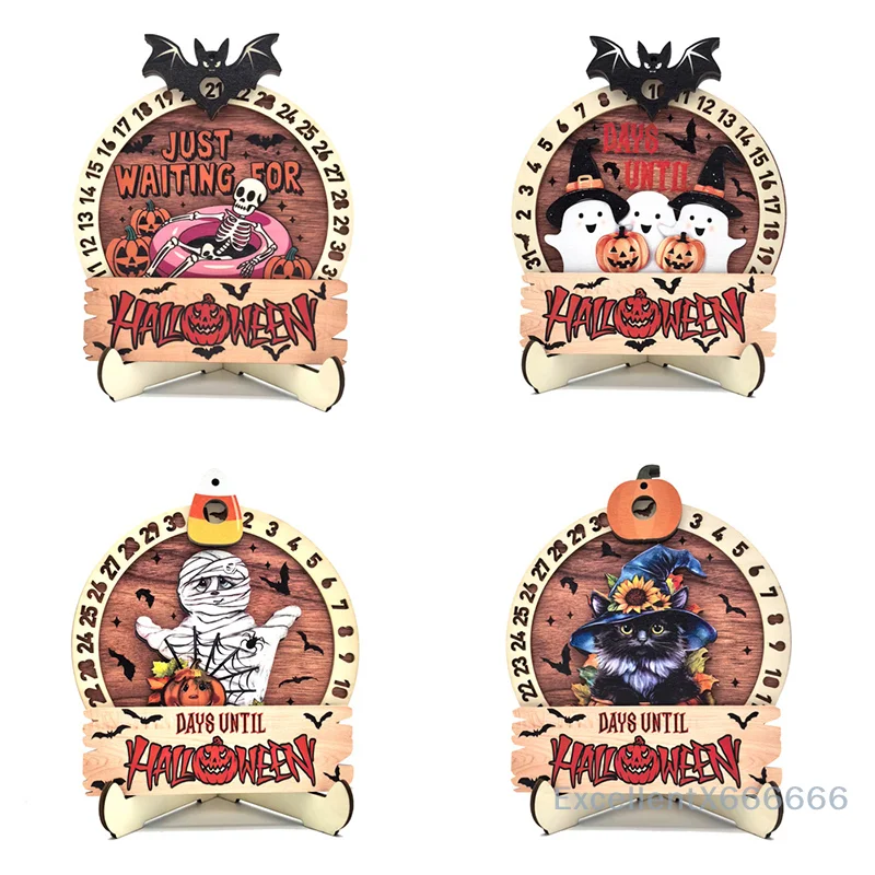 Halloween Countdown Calendar Wooden Rotatable Calendar With Base Tabletop Decor For Home Holiday Party